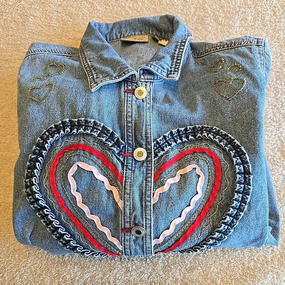 Crystal Kobe Denim Jacket With Fabric & Beaded Heart Designs Button-Up Size S‎